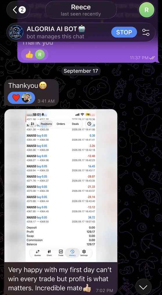 Telegram conversation with Reece: “Very happy with my first day can’t win every trade but profit is what matters. Incredible mate 👍🏻”